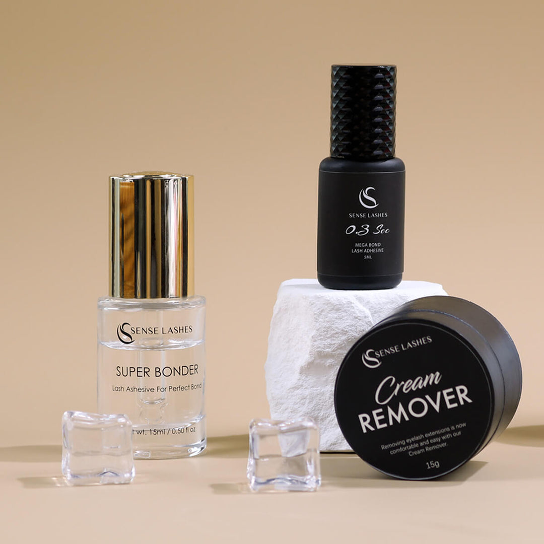 Various SenseLashes lash adhesives, including Sensitive AF, Power Bond, and Ultra Bond