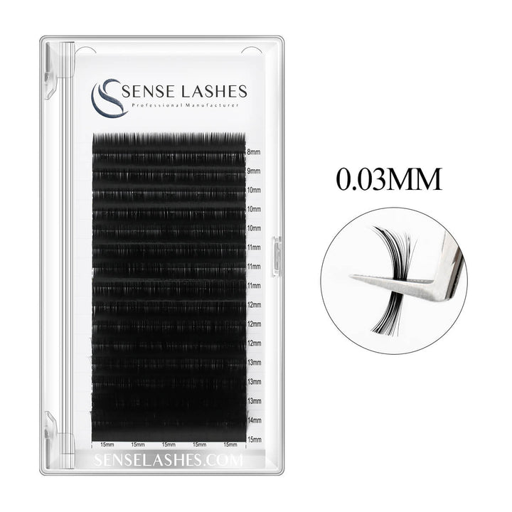 SenseLashes 0.03mm Premium Mega Volume Eyelash Extensions, black lashes, tweezers detail