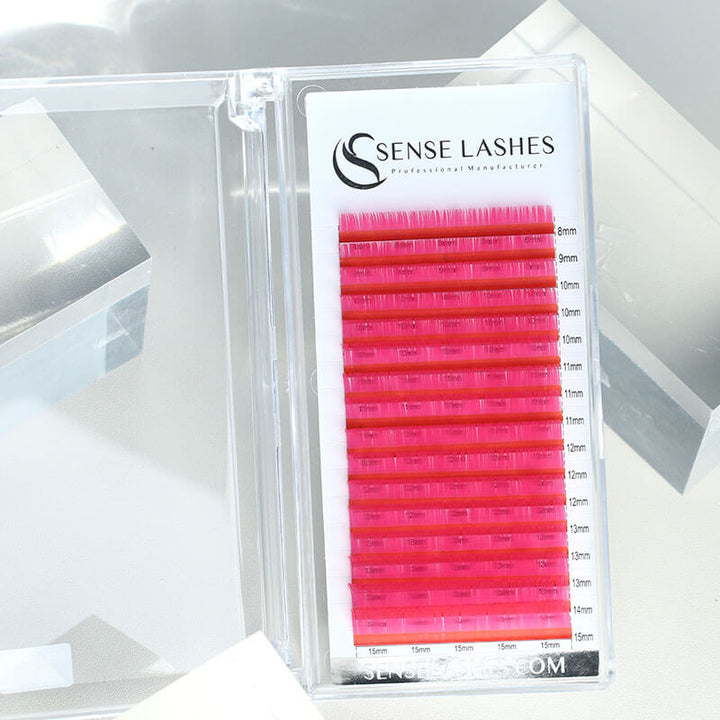 SENSE LASHES Satiny Pink Eyelash Extensions, 0.05mm, C and D curl, mixed lengths 8mm-15mm. Professional lash products.