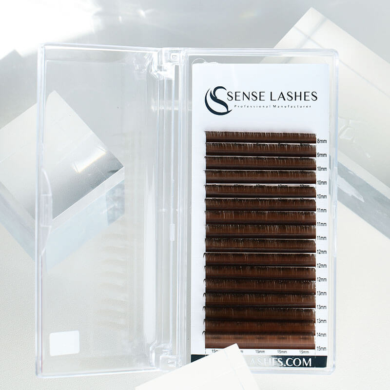 SenseLashes 0.07mm Brown Volume Eyelash Extensions in clear case, various lengths. For natural volume, cruelty-free.