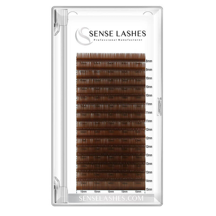 Deep brown 0.07mm volume eyelash extensions by SenseLashes, various lengths, perfect for a natural look.