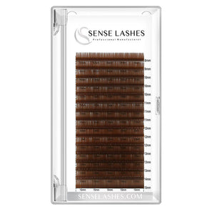 Deep brown 0.07mm volume eyelash extensions by SenseLashes, various lengths, perfect for a natural look.