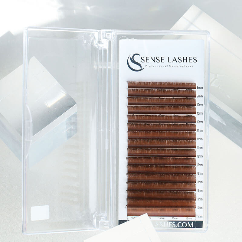 0.07mm Light Brown Volume Eyelash Extensions by Sense Lashes. Lash extensions in a clear case, various lengths.