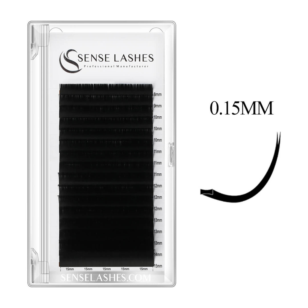 0.15MM Flat Classic Lashes by Sense Lashes. Black, flat eyelash extensions for classic sets.