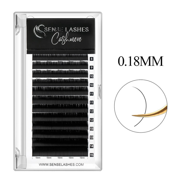 0.18mm Cashmere Classic Eyelash Extensions by Sense Lashes, showcasing various lengths for professional lash artists.