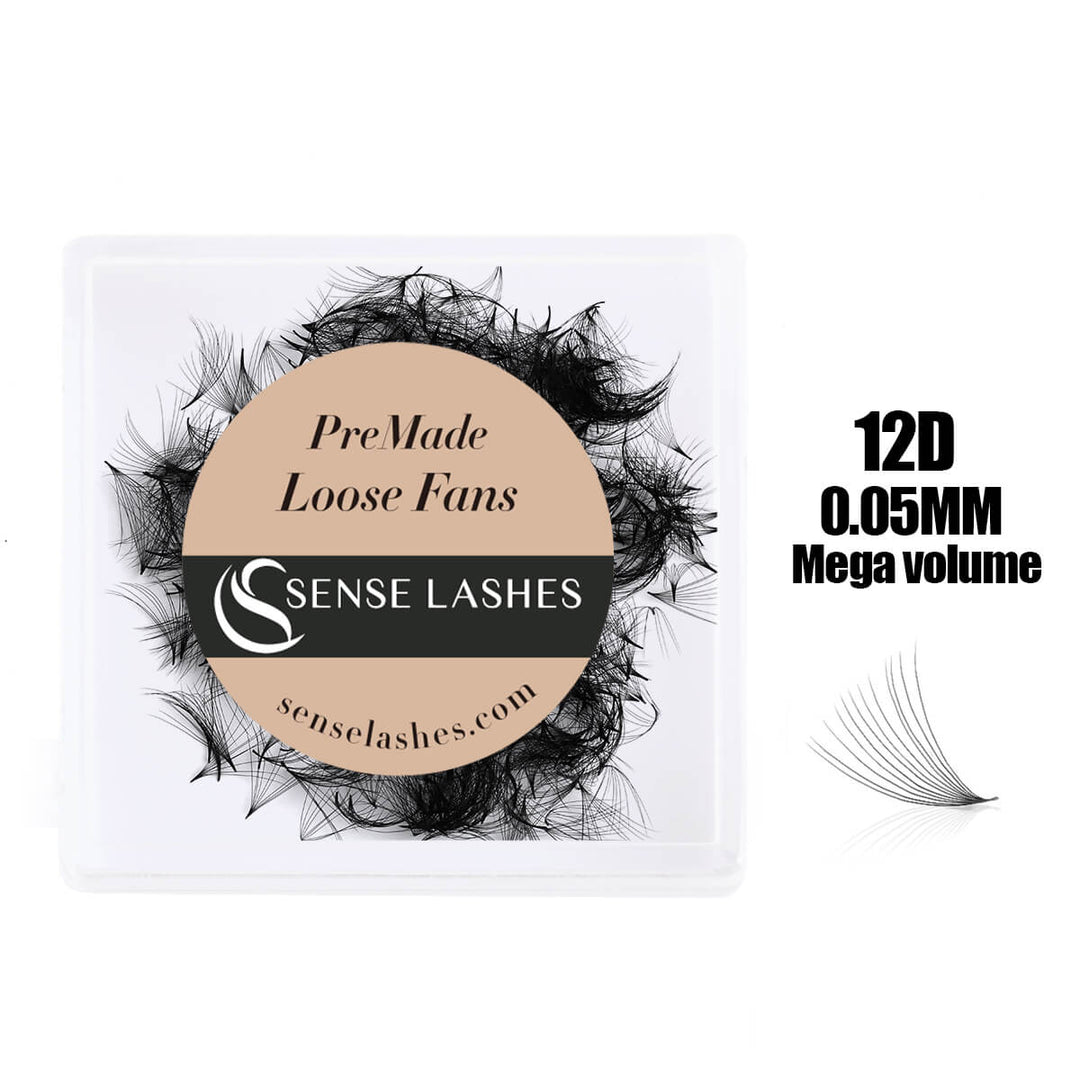 12D 0.05MM Loose Premade Fans by SenseLashes, Mega volume, black color, suitable for professional eyelash extensions.