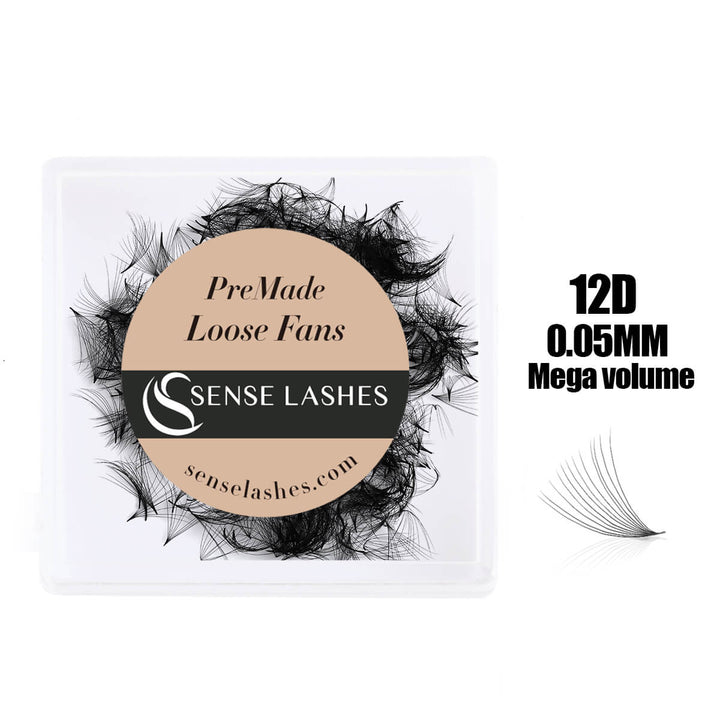 12D 0.05MM Loose Premade Fans by SenseLashes, Mega volume, black color, suitable for professional eyelash extensions.