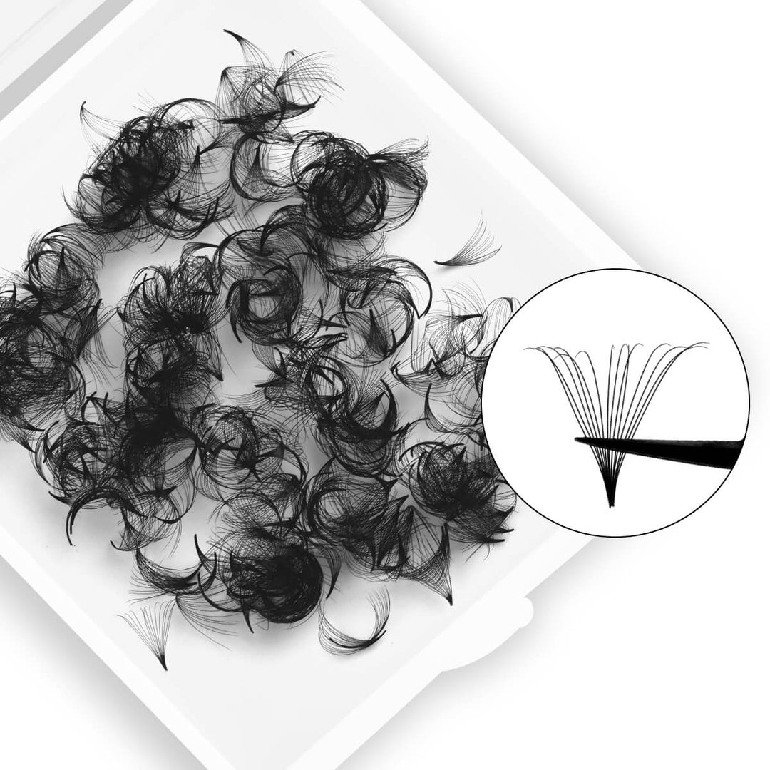 14D Premade Volume Fans in Black, Pointy Base. Soft PBT material for easy application and a fluffy look.