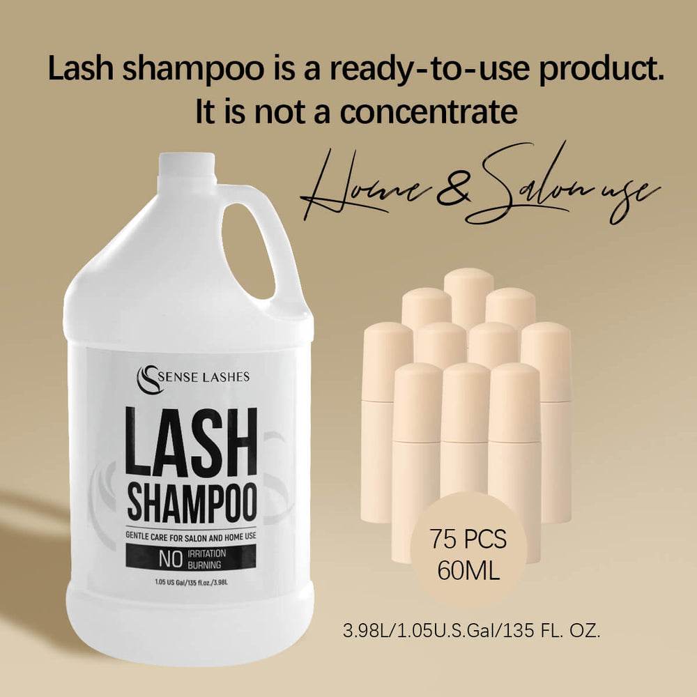 SenseLashes Lash Shampoo 1 Gallon, gentle lash cleanser for home & salon, with refill bottles.
