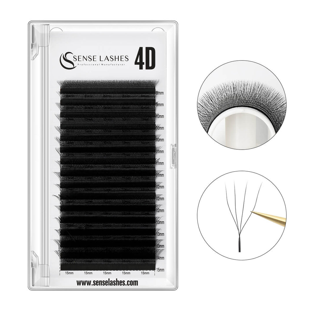Sense Lashes W Style 4D Premade Volume Fan Lashes, matte black nano PBT material, various lengths, professional lash products