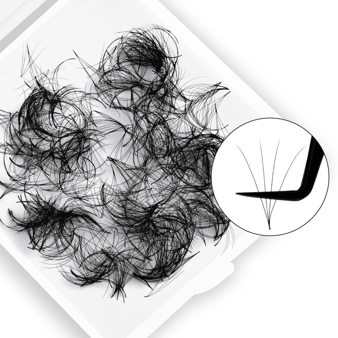 4D Premade Fans with Pointy Base for Volume Lash Extensions, Black Color, Close-up with Tweezer