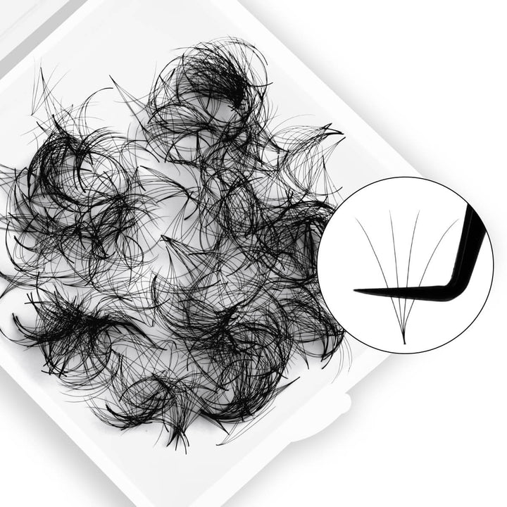 4D Premade Fans with Pointy Base for Volume Lash Extensions, Black Color, Close-up with Tweezer