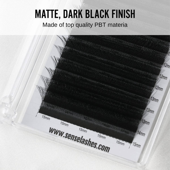 Matte, dark black eyelashes made of top-quality PBT material, displayed in a clear case with size labels.