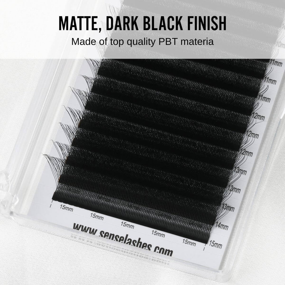Matte, dark black eyelashes made of high-quality PBT material, displayed in a clear case with size labels.