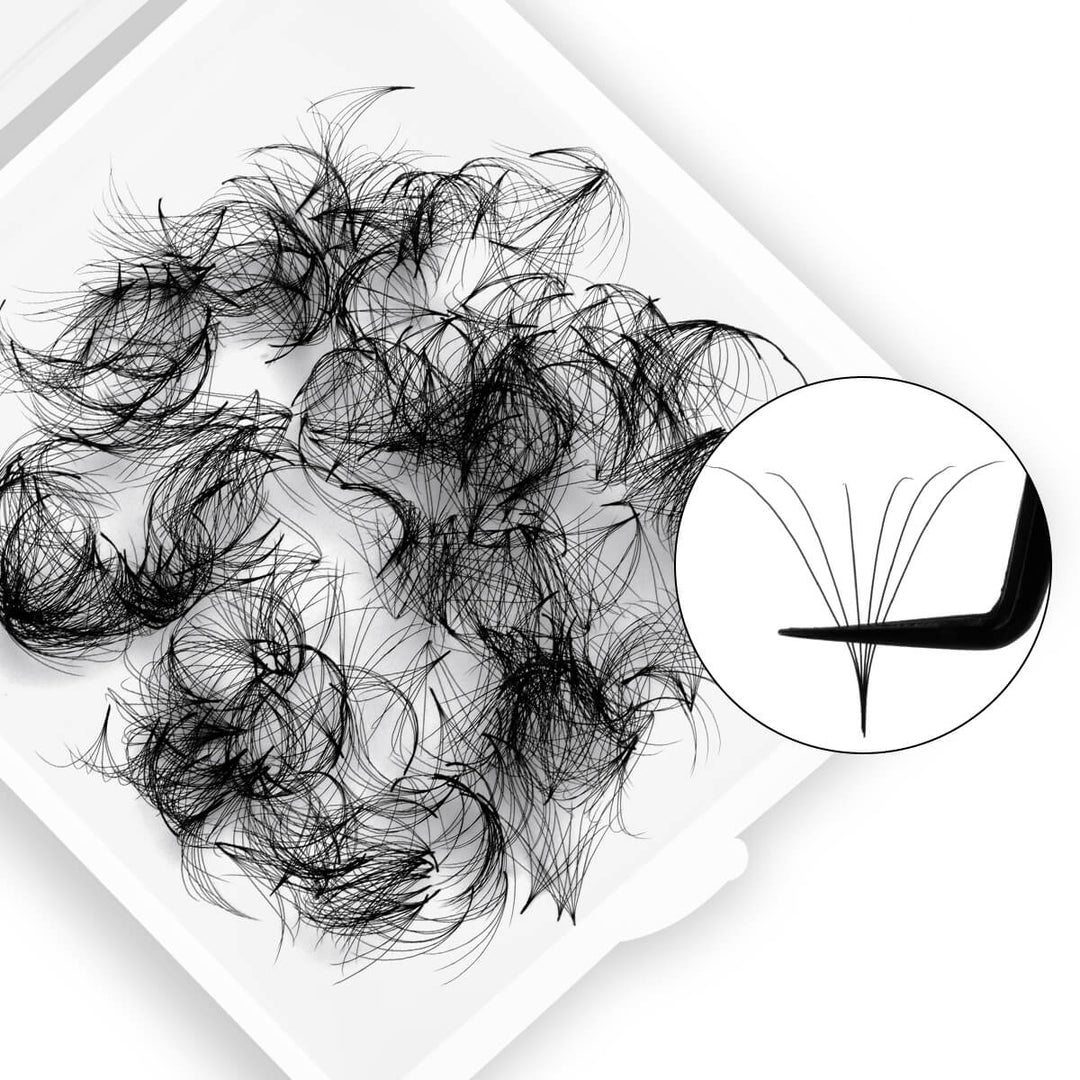6D premade volume fans with pointy base, black color, perfect for professional lash extensions