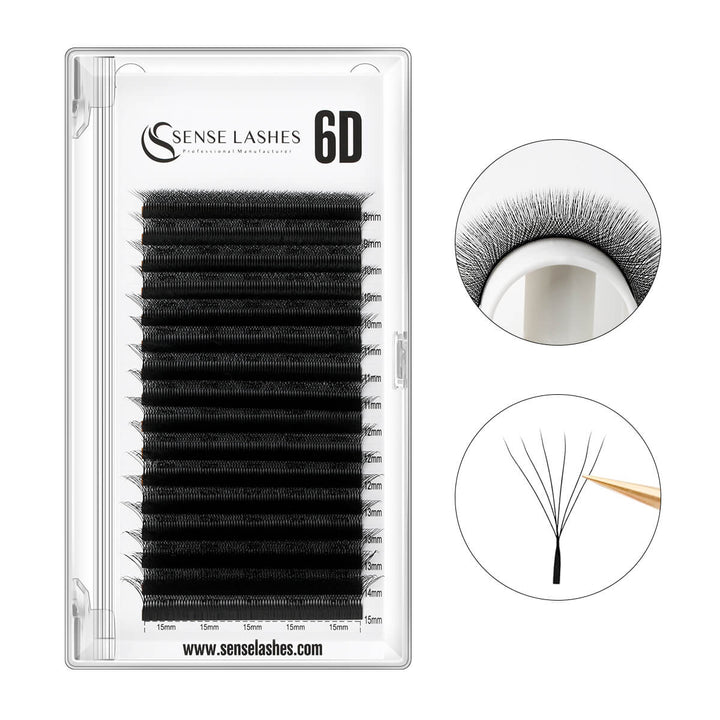 SenseLashes W-Style 6D premade volume fan lashes, matte black, for professional lash artists