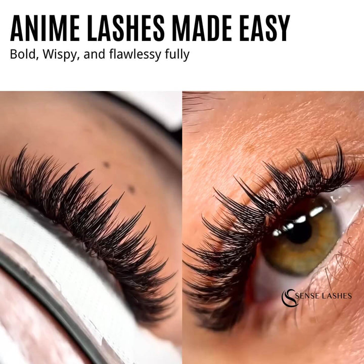 Anime lash extensions by SenseLashes: pre-made fans for bold and wispy manga lash looks.