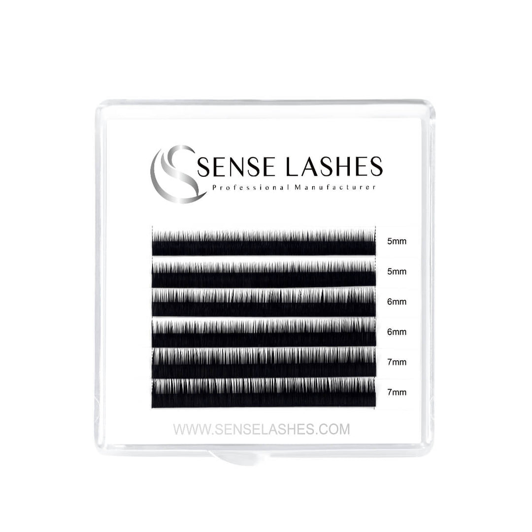 SENSE LASHES B Curl bottom eyelash extensions in a clear case. 5mm, 6mm, and 7mm lengths.