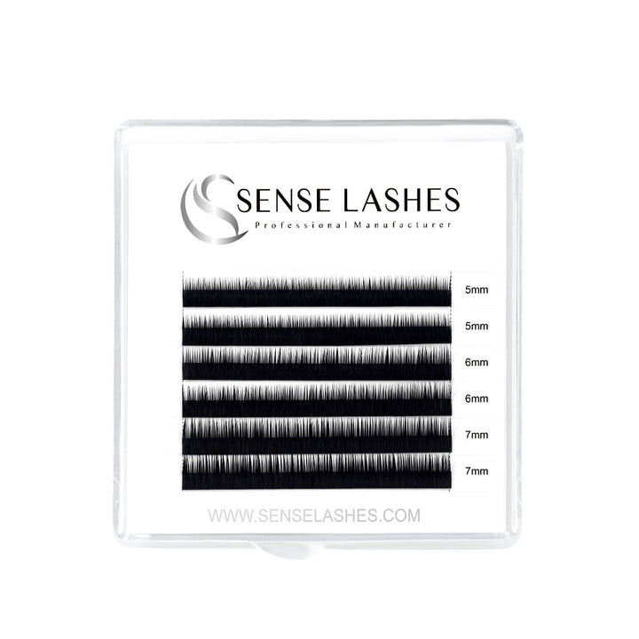 SENSE LASHES B Curl bottom eyelash extensions in a clear case. 5mm, 6mm, and 7mm lengths.
