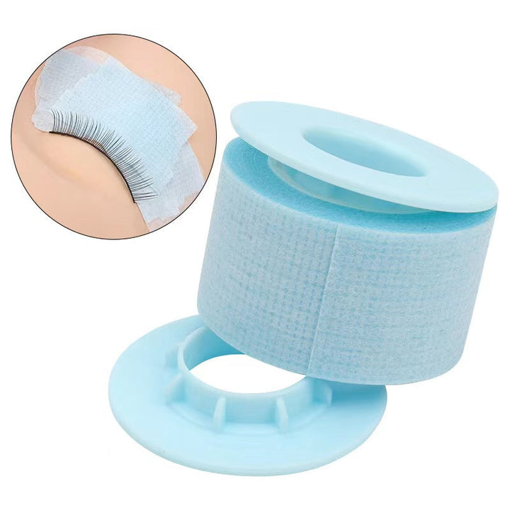 Blue silicon gel tape roll for eyelash extensions with applied lashes and pads, low-trauma tape