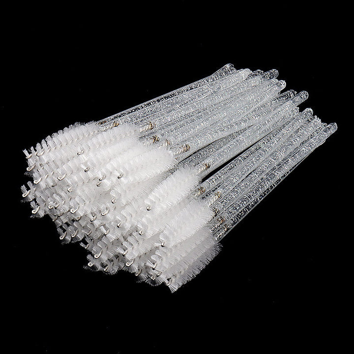 Eyelash mascara brushes, 50 pieces pack. Clear glitter handles, white fluffy bristles for classic and volume lash extensions.