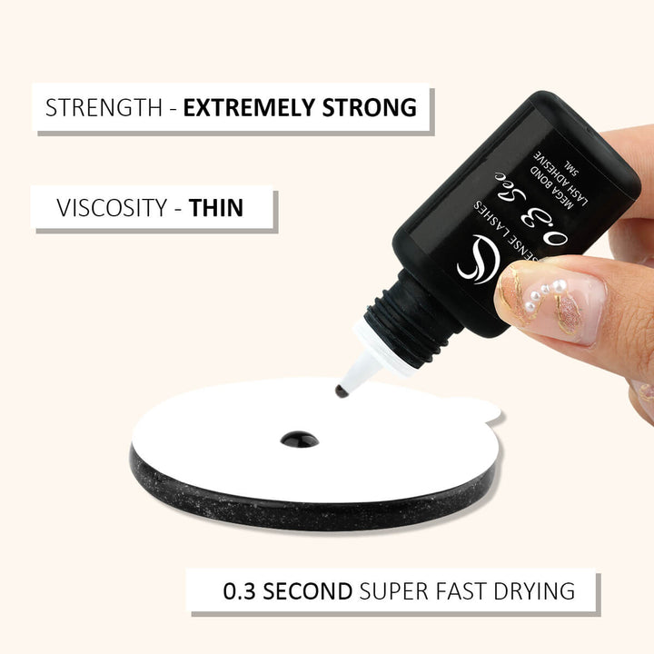 Sense Lashes 0.3 Second Mega Bond Lash Adhesive, thin viscosity, extremely strong, super fast drying eyelash extension glue.