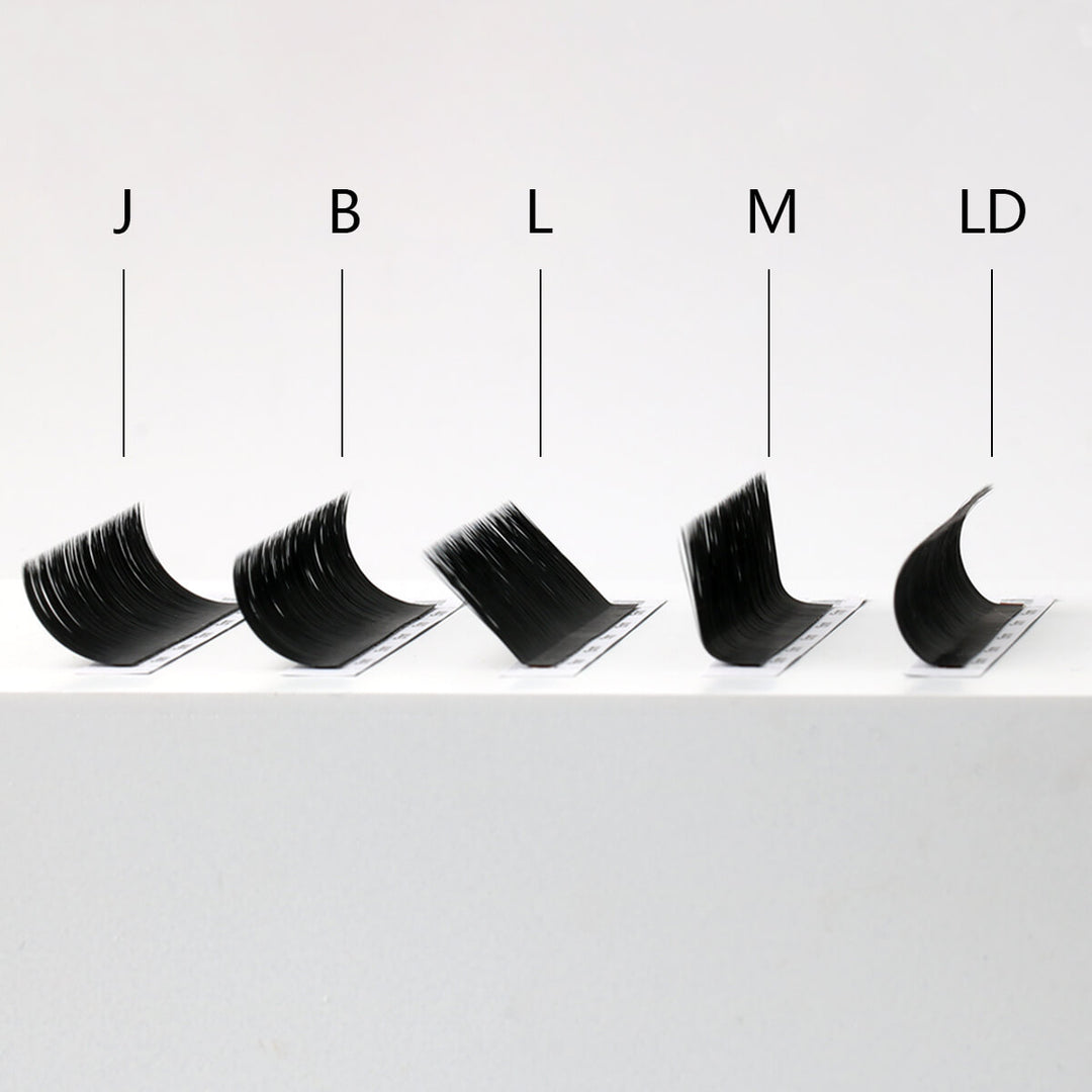 J/B/L/M/LD Curl Cashmere Eyelash Extensions, demonstrating various curl styles. Professional lash supplies for lash artists.