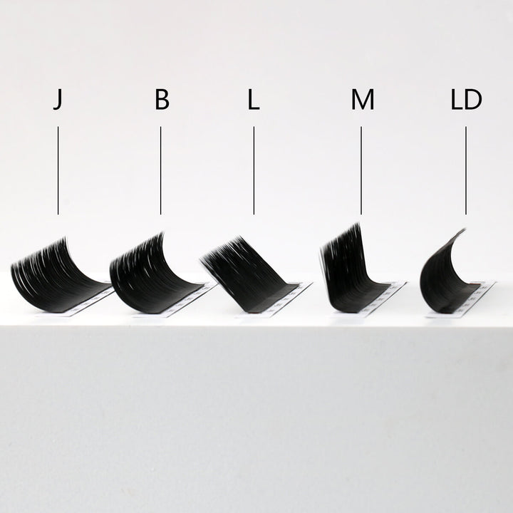 J/B/L/M/LD Curl Cashmere Eyelash Extensions, demonstrating various curl styles. Professional lash supplies for lash artists.