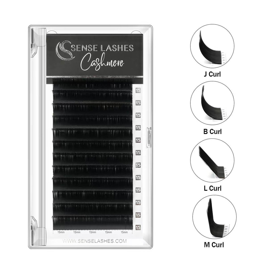 SenseLashes Cashmere eyelash extensions in J, B, L, and M curls. Premium lash products for professional lash artists.
