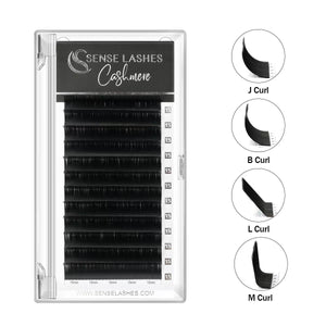 SenseLashes Cashmere eyelash extensions in J, B, L, and M curls. Premium lash products for professional lash artists.