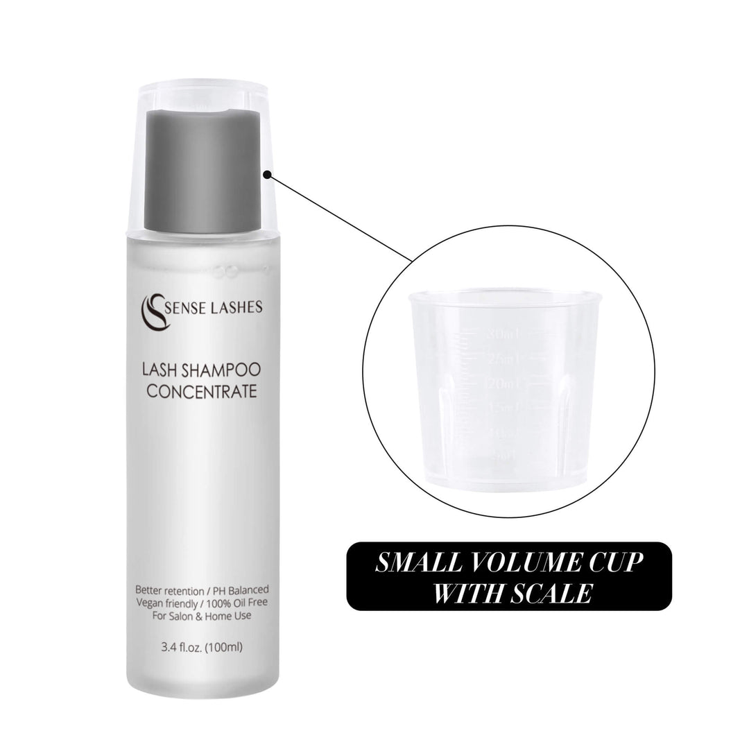 SenseLashes Lash Shampoo Concentrate Kit: 100ml bottle, scale cup for eyelash care. Vegan, oil-free formula