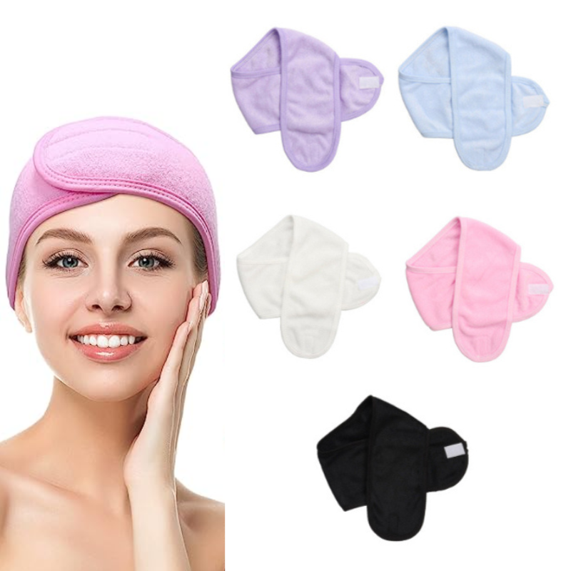 Adjustable hair turban headbands in multiple colors: pink, black, white, blue, and purple. Soft toweling cloth material.