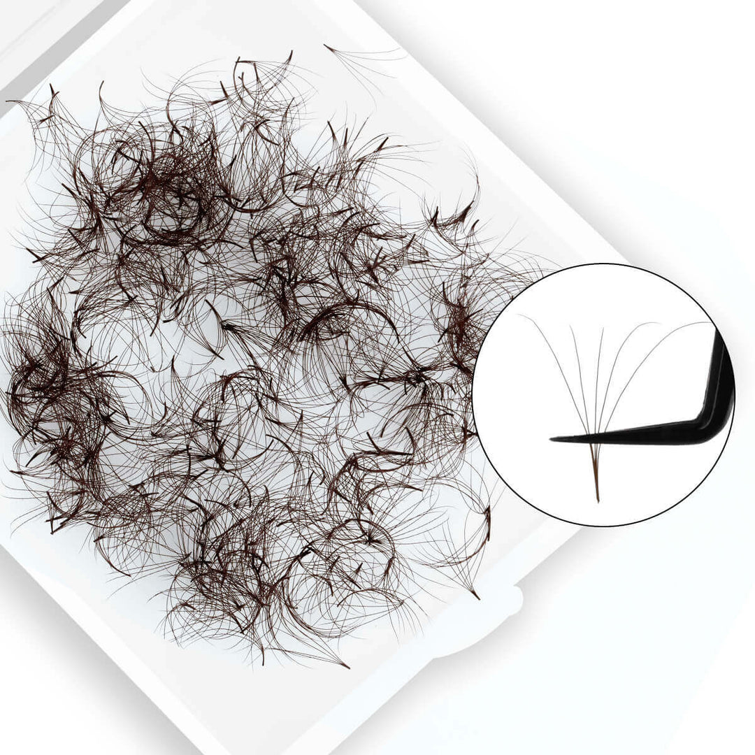 Brown 5D premade loose fans for eyelash extensions, Korean PBT material, close-up with tweezers