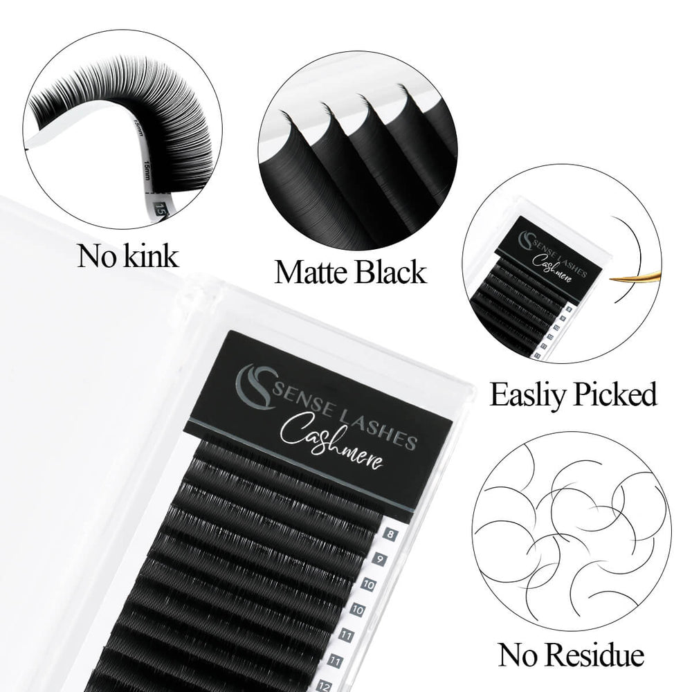Sense Lashes Cashmere Classic Eyelash Extensions, 0.15mm, Matte Black, easy pick, professional lash supplies.