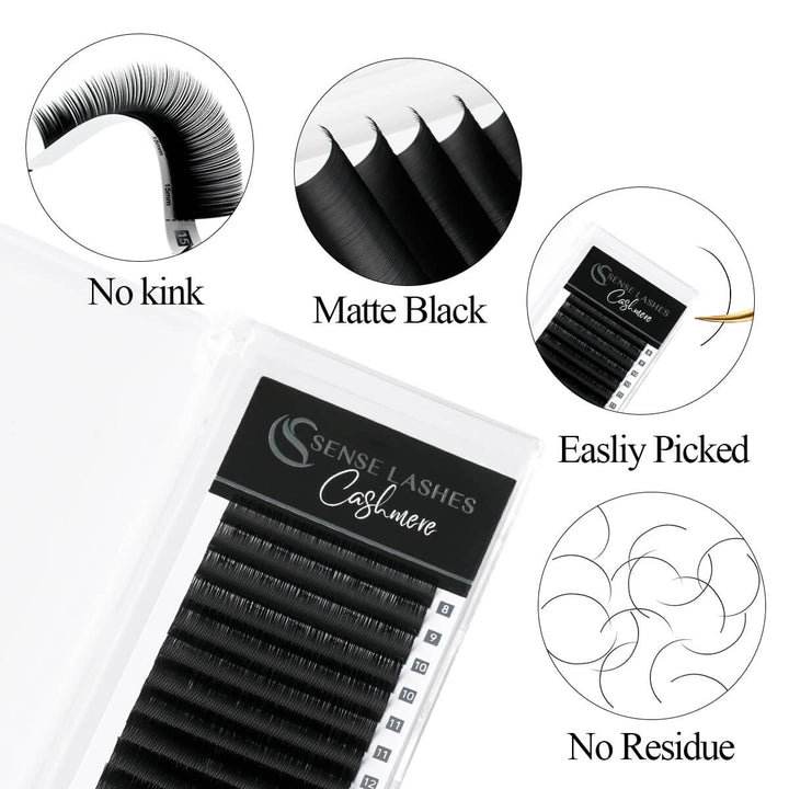 Sense Lashes Cashmere Classic Eyelash Extensions, 0.15mm, Matte Black, easy pick, professional lash supplies.
