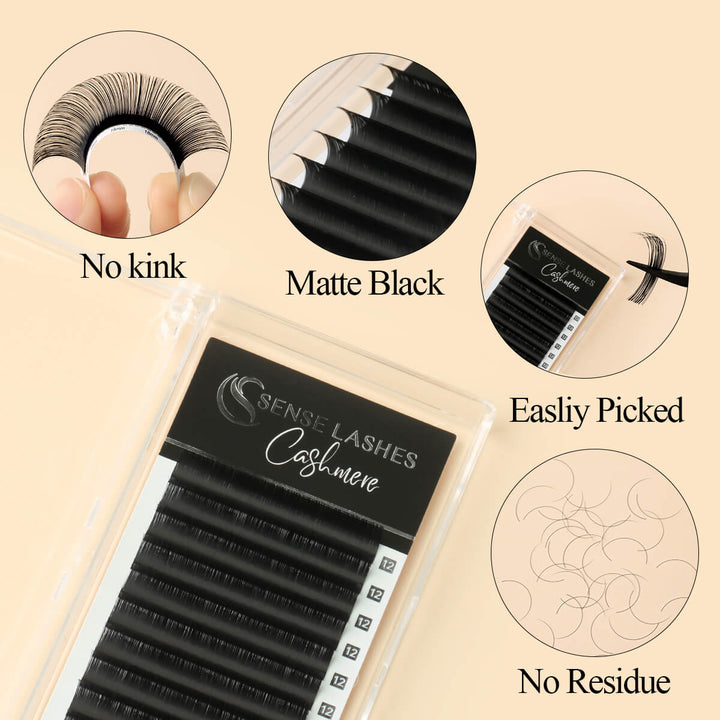 SenseLashes 0.03mm Cashmere lashes: Matte Black, No Kink, Easy Pick, No Residue, perfect for mega volume eyelash extensions.