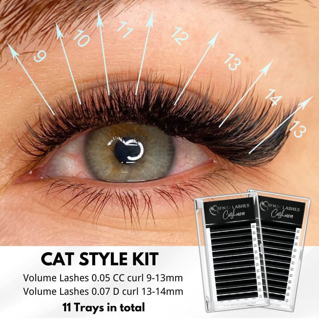Cat Eye Lash Kit with 0.05/0.07 curl lashes. Includes 11 trays of cashmere lashes in 9-14mm lengths. Sense Lashes product.