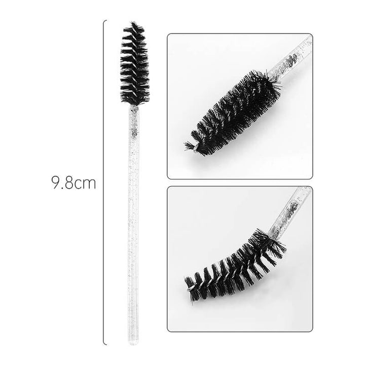 Black bristle mascara brush, 9.8cm length, for precise application of eyelash extensions. Clear glitter handle.