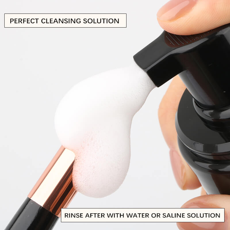 SenseLashes Eyelash Foam Cleanser dispensing foam, demonstrating perfect cleansing; rinse with water.