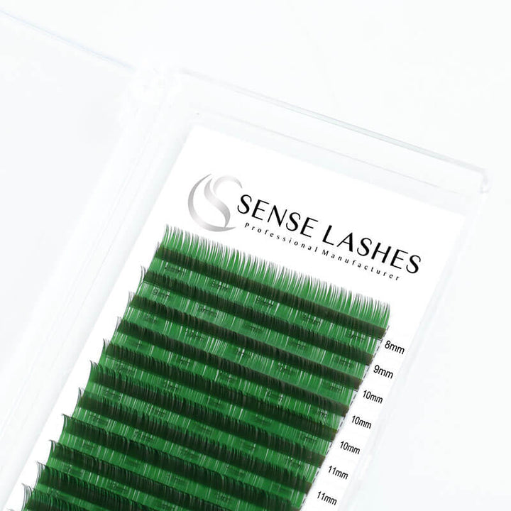 SenseLashes Green eyelash extensions, 0.05mm C/D curl, mixed lengths 8-15mm, Professional lash products, vegan lashes