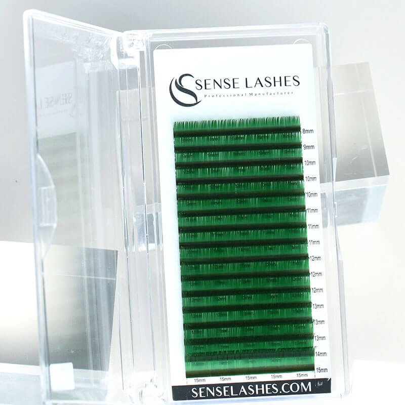 SenseLashes green eyelash extensions in clear case, C/D curl, mixed lengths 8-15mm, professional lash products