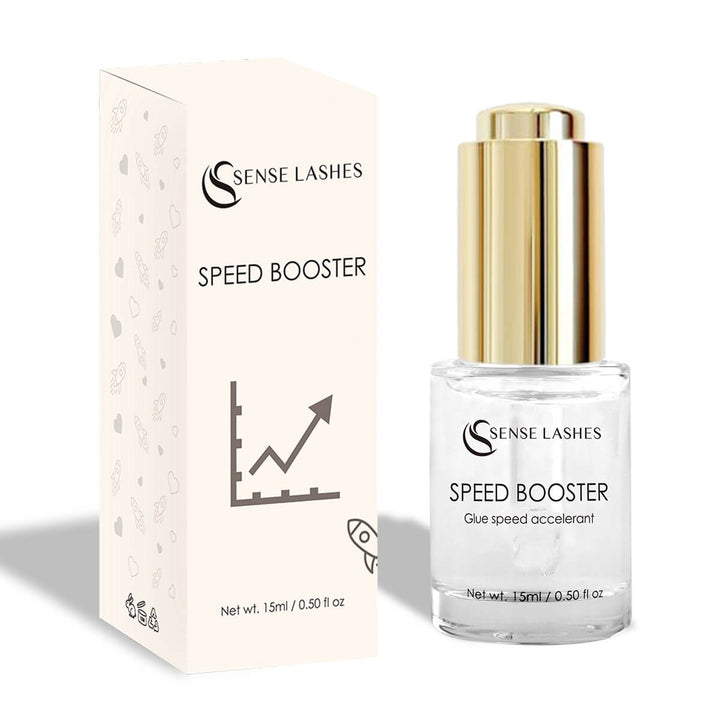 SenseLashes Speed Booster lash primer with gold cap and box, improving lash extension speed and retention