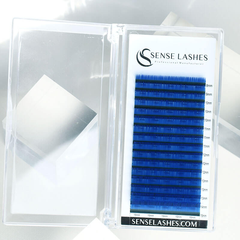 Klein Blue eyelash extensions by SENSELASHES. 0.05mm, mixed lengths C/D curl. Professional lash product. Blue volume lashes.