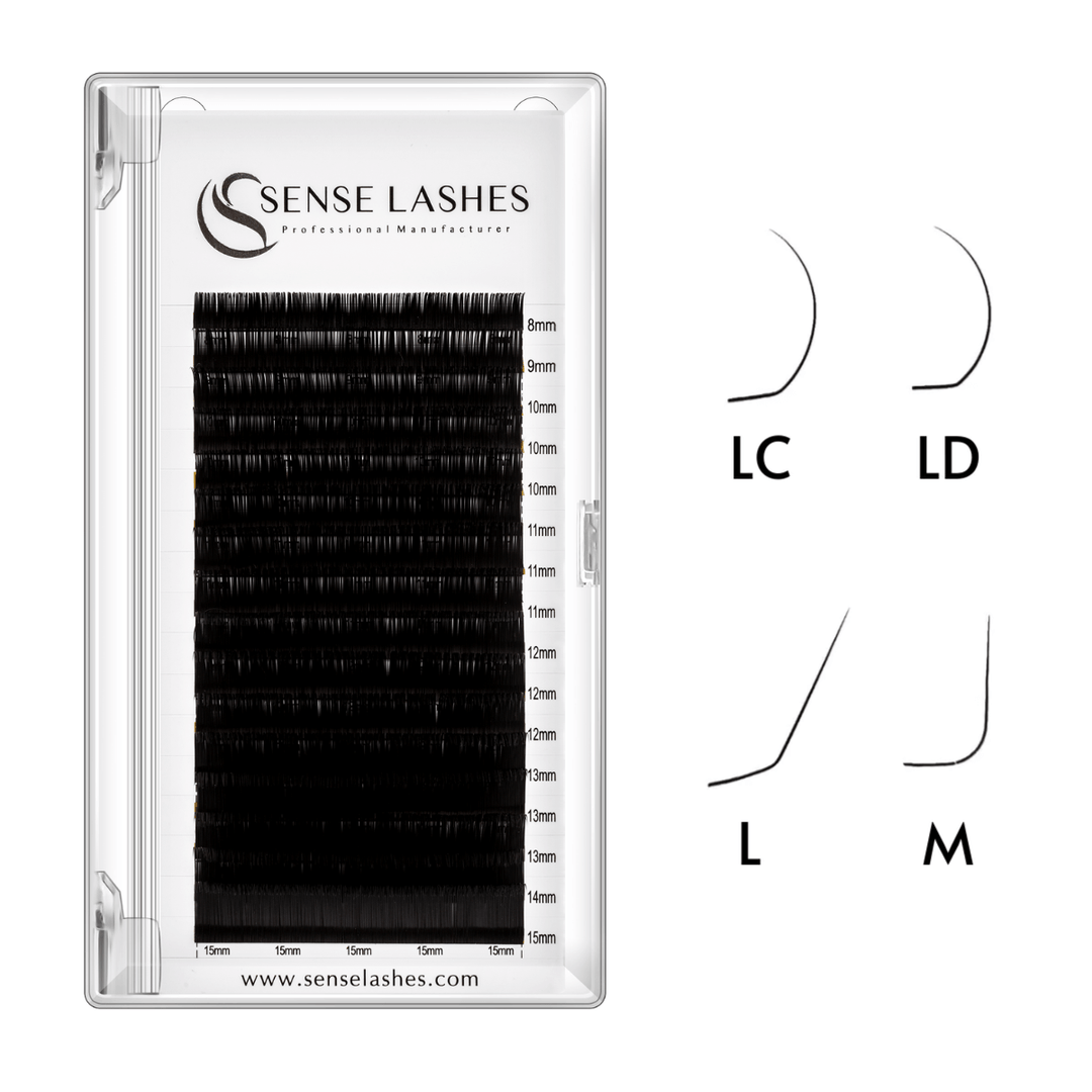 Lash extensions by Sense Lashes. L/M/LC/LD curl styles, professional grade. Eyelash extension product.