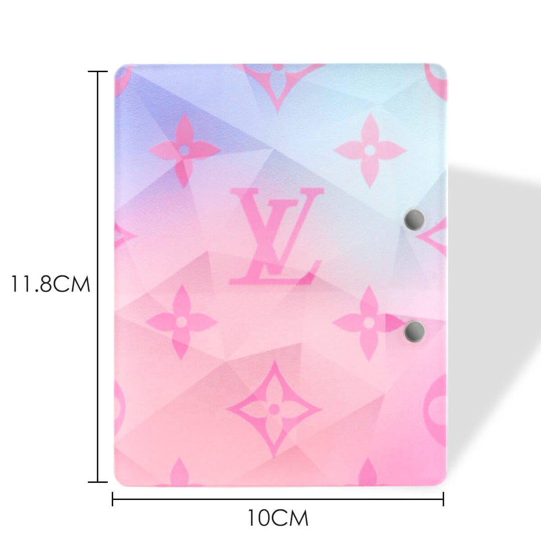 LV Eyelash Extension Glue Holder Pallet in pink and blue gradient with measurements, perfect for lash artists.