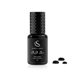 Sense Lashes 0.3 Second Mega Bond Lash Adhesive, black bottle with glue drops