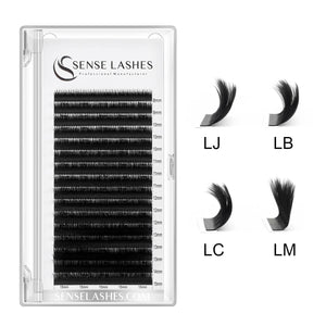 Sense Lashes 5D Multi Layer Camellia extensions in LJ, LB, LC, and LM curls for voluminous, natural-looking lashes.