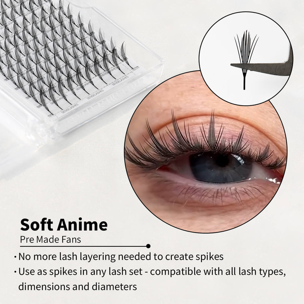Soft Anime pre made fan eyelash extensions by SenseLashes for creating anime style lash looks