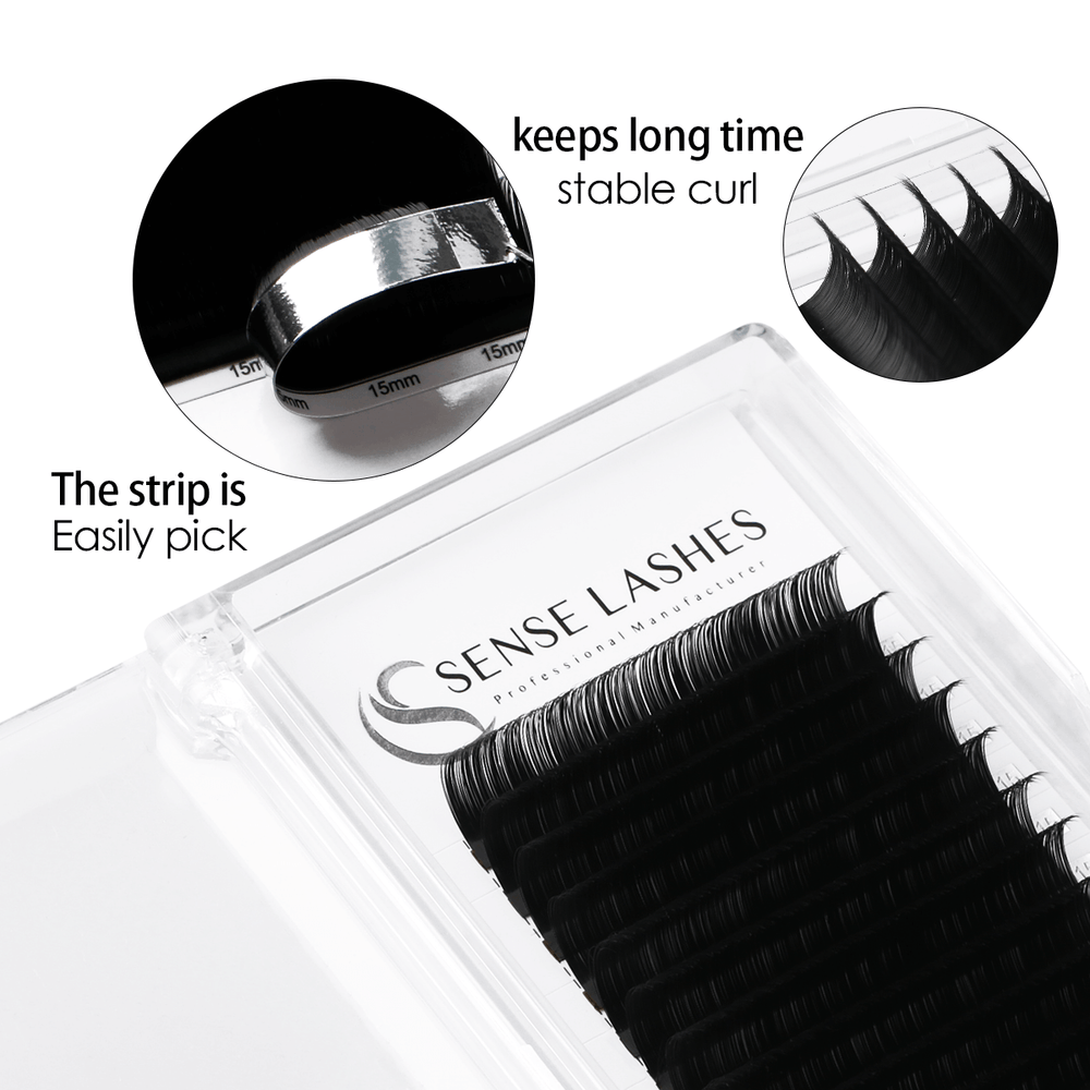SenseLashes 0.03mm Premium Mega Volume Eyelash Extensions. The strip is easily pick. Keeps long-time stable curl.