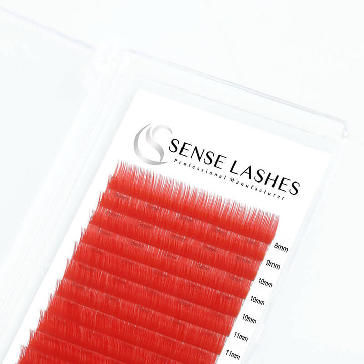 Sense Lashes Red 0.05mm lash extensions in C and D curl, 8-15mm lengths. Professional lash products.
